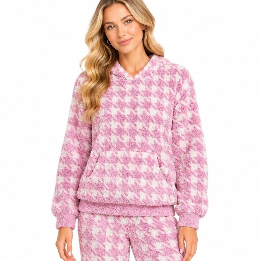 SKIMS Cozy Knit Houndstooth Hoodie Women L/XL Pink White Casual Loungewear